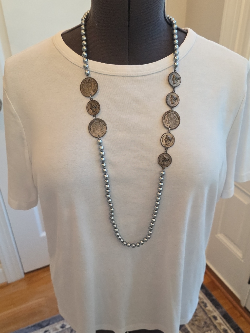 Vintage Gypsy Silver Pearl Beaded Coin Pendant Necklace